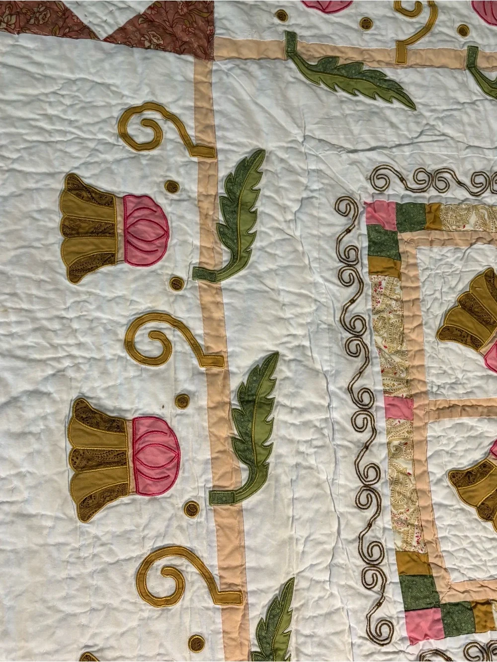 Vtg Appliqué Patchwork Quilt-Floral Tulip Basket Motif By French Tassel 50x50”
